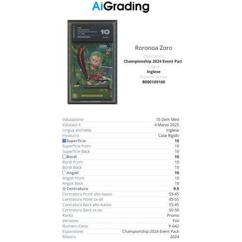 One Piece Card Game Roronoa Zoro P-042 AiGrading Voto 10