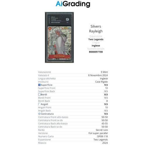 One Piece Card Game Silver Rayleigh OP08-118 AiGrading Voto 9