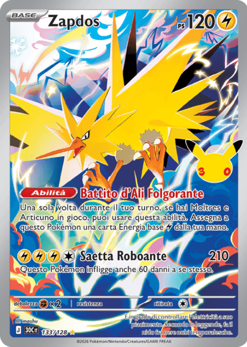 Pokémon Zapdos 133/128 30° Anniversario ITA